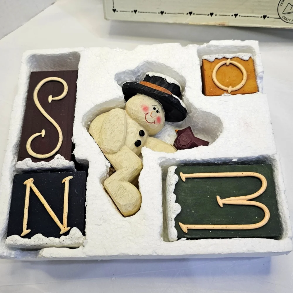 Crazy Mountain Snowman & Block Letters S N O W Figurines NOEL 1997 Vtg Gift Mom